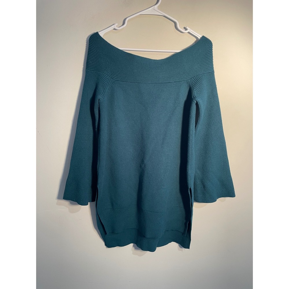 Anthropologie Elise Ribbed Off Shoulder Sweater in Turquoise Size Medium